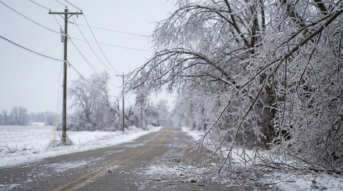 Tree branches encased in thick ice hang low over a slushy rural road lined with utility poles and power lines during a severe winter ice storm