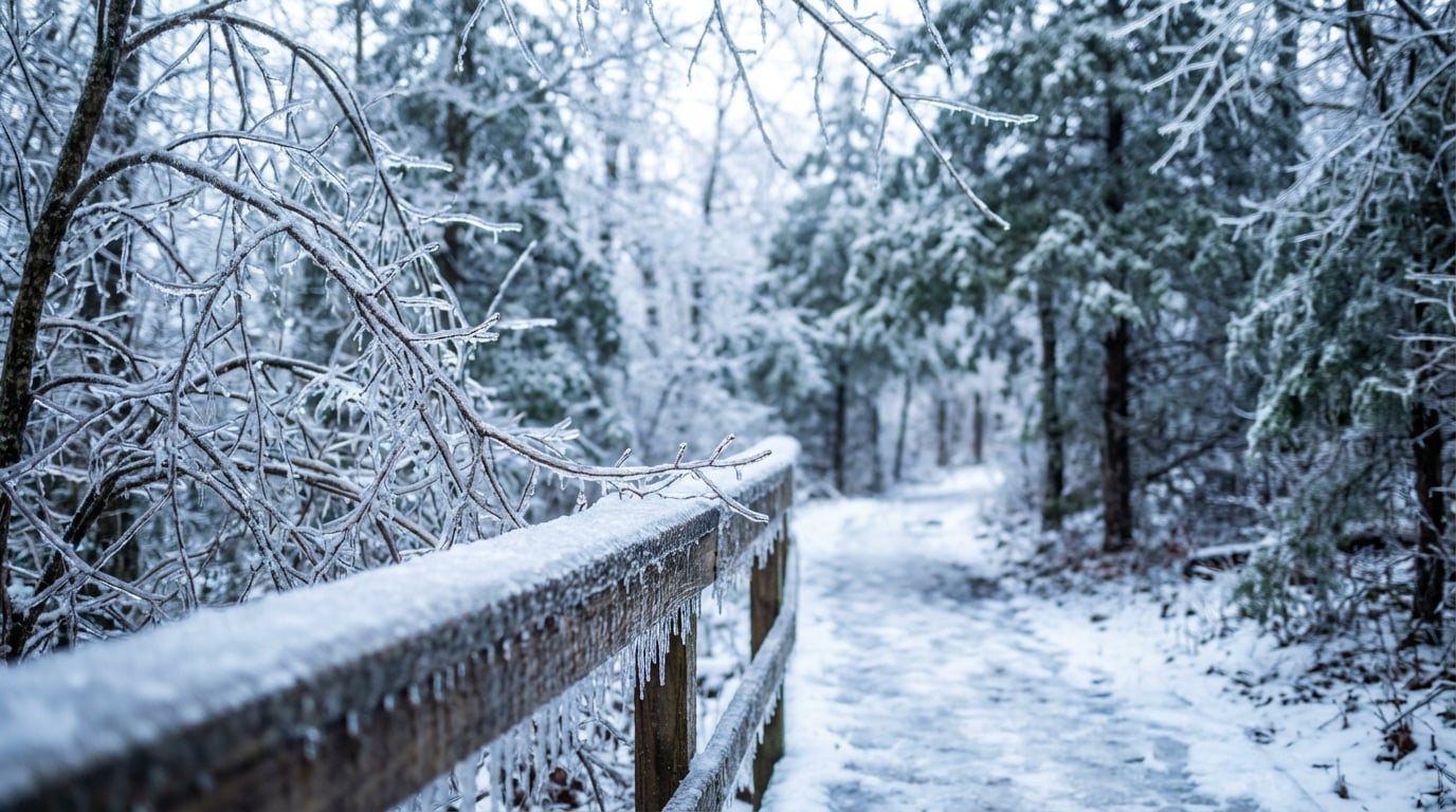 Wooden railing covered in icicles and snow in the foreground with ice-glazed tree branches framing a snowy path leading into a winter forest