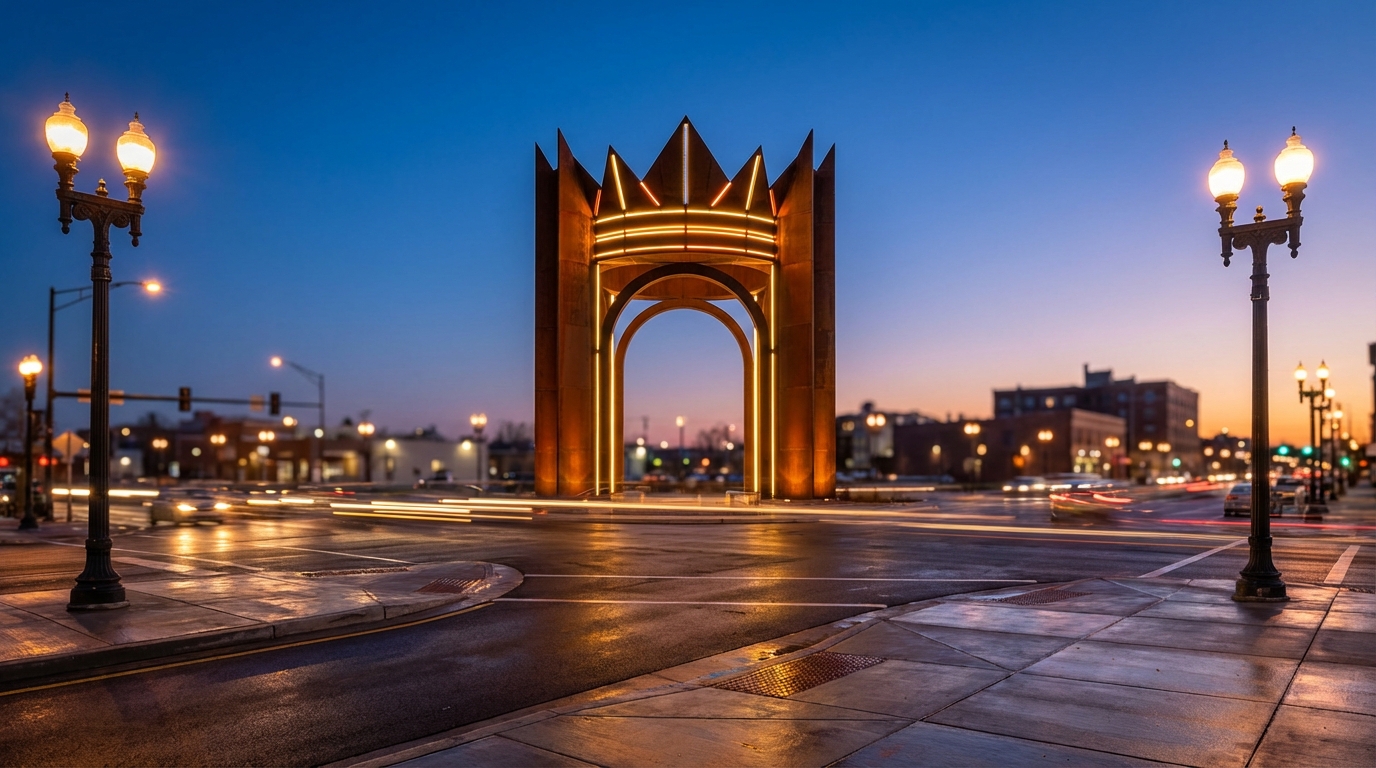 Illuminated rusty metal crown sculpture with neon accents standing in the center of a city intersection at twilight, framed by vintage street lamps and streaks of light from passing traffic
