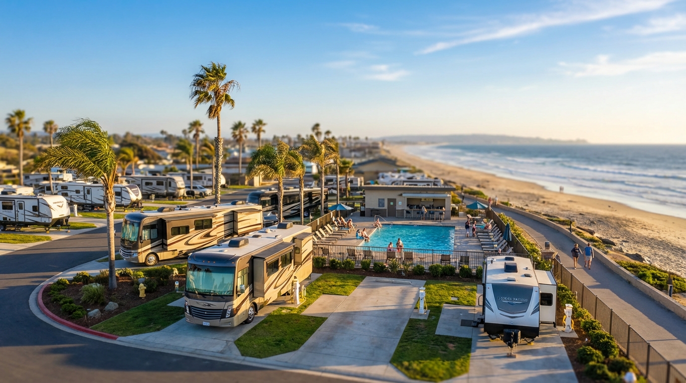 Luxury beachfront RV resort featuring high-end motorhomes and trailers parked on paved sites with palm trees, a fenced swimming pool with guests, and a walking path separating the campground from the sandy ocean shoreline during golden hour