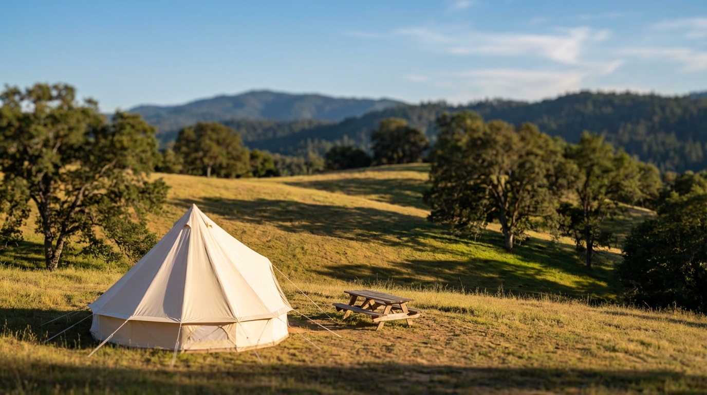Large white canvas bell tent and wooden picnic table set on a golden grassy hillside overlooking rolling mountains and oak trees under a blue sky
