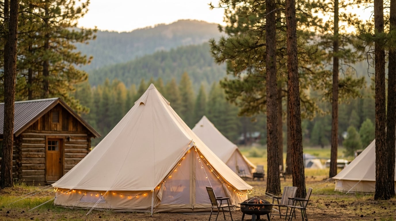 Large canvas glamping bell tents illuminated by string lights sit nestled among tall pine trees next to a rustic log cabin, with camp chairs arranged around a fire pit and forested mountains in the background