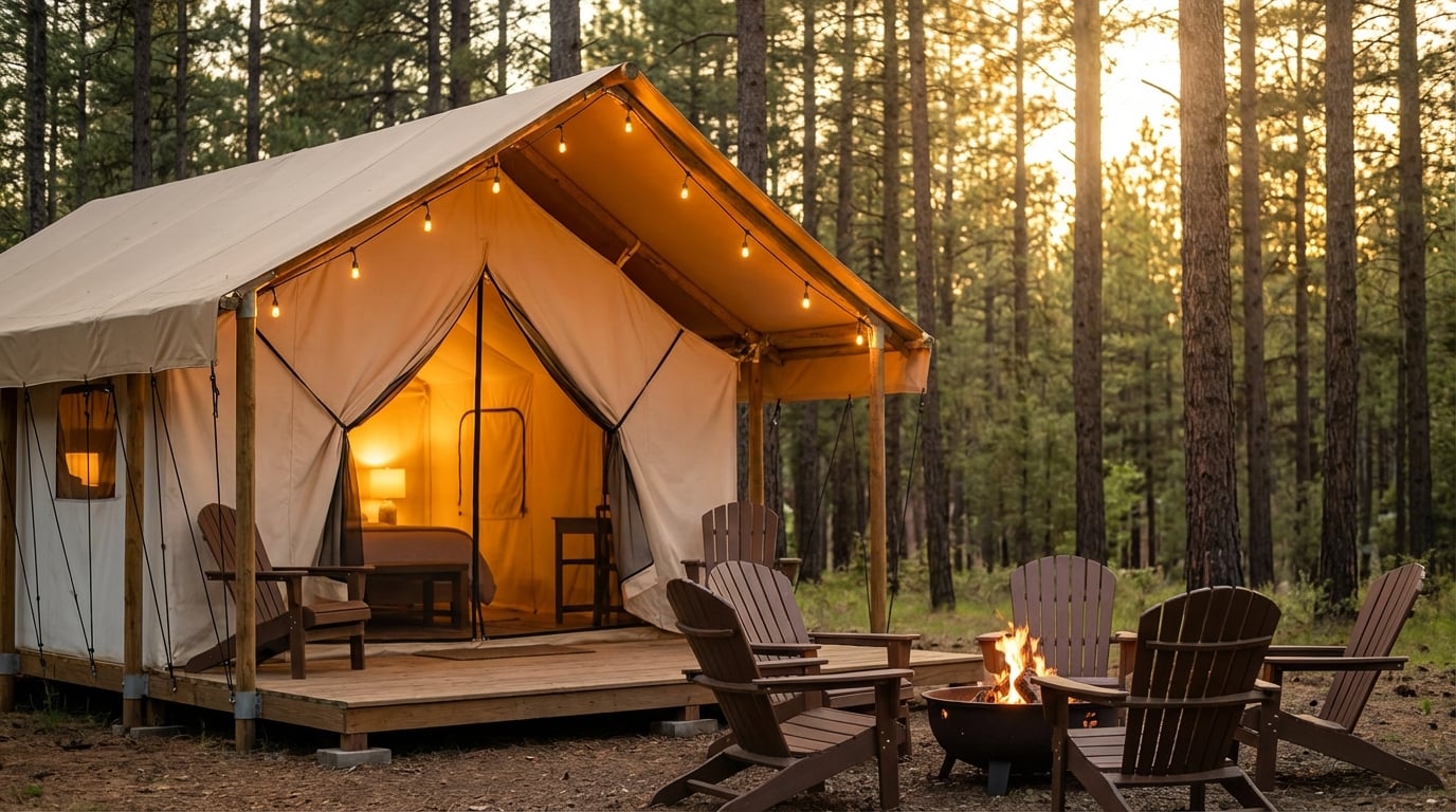 Large white canvas glamping tent on a raised wooden deck in a pine forest during golden hour, featuring string lights along the roof, a warm glowing interior with a bed, and Adirondack chairs surrounding a fire pit in the foreground