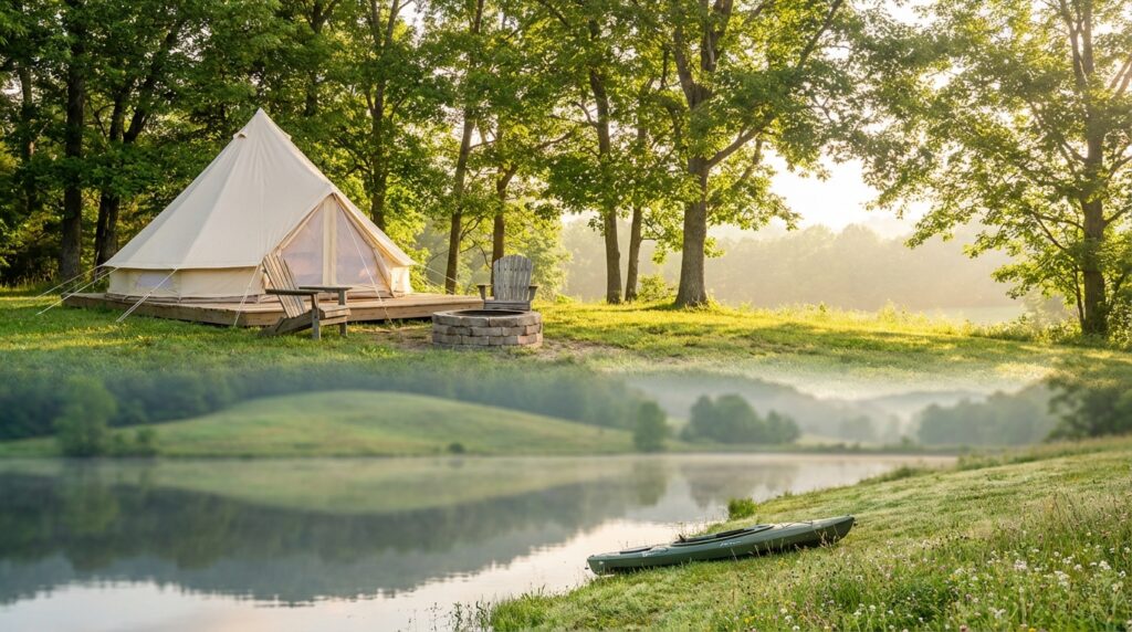 Collage showing a glamping campsite with a beige bell tent and stone fire pit in a sunny forest clearing above a serene misty lake with a green kayak resting on the grassy bank