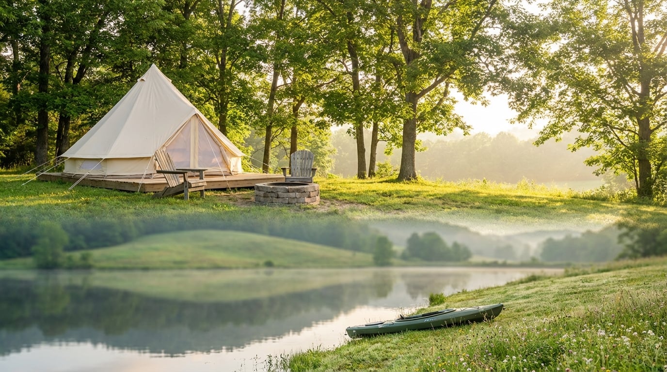 Collage showing a glamping campsite with a beige bell tent and stone fire pit in a sunny forest clearing above a serene misty lake with a green kayak resting on the grassy bank