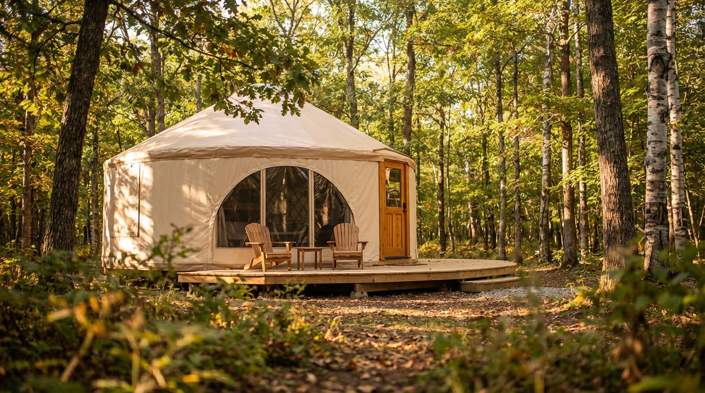 Beige canvas yurt positioned on a raised wooden deck in a sunlit forest, featuring two Adirondack chairs and a small table in front of a large semi-circular window