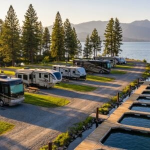 Row of luxury motorhomes and RVs parked at a scenic waterfront campground featuring wooden boat docks extending into a blue lake surrounded by pine trees and mountains