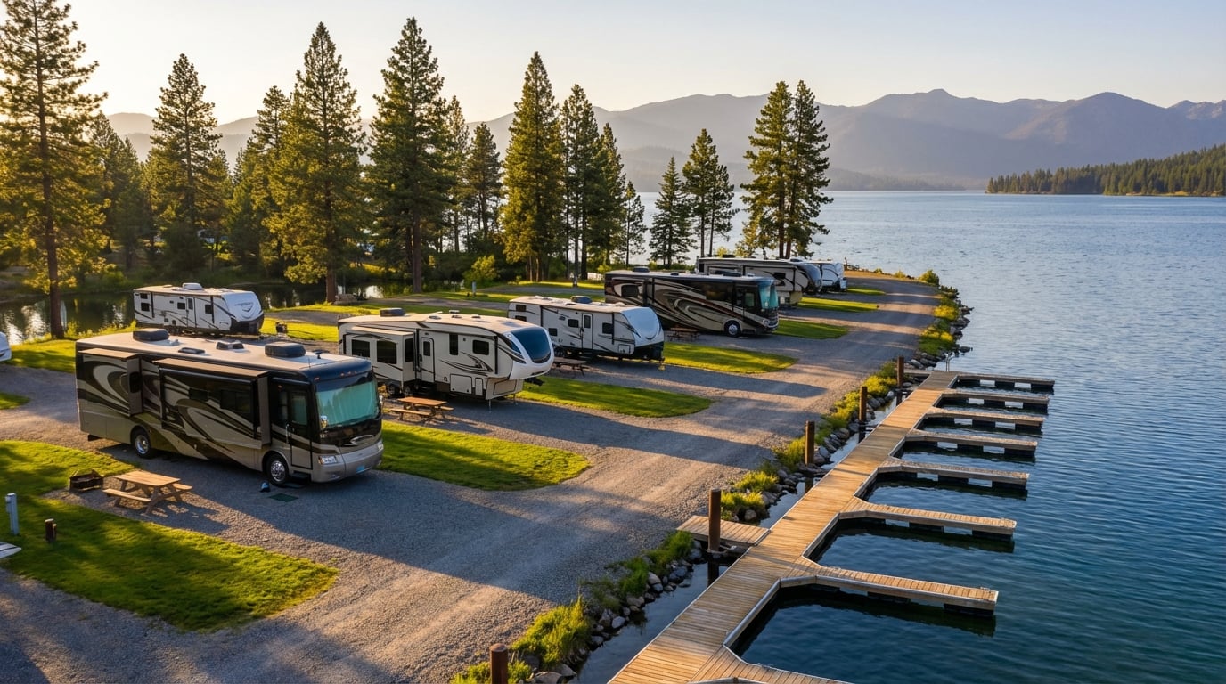 Row of luxury motorhomes and RVs parked at a scenic waterfront campground featuring wooden boat docks extending into a blue lake surrounded by pine trees and mountains