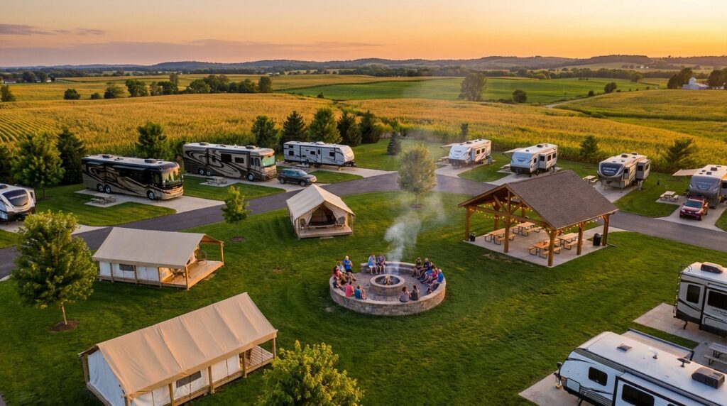 Aerial view of a luxury RV resort and glamping site at sunset, featuring a group of people gathered around a large central fire pit surrounded by canvas tents, parked motorhomes, a covered pavilion, and rolling golden cornfields.