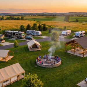 Aerial view of a luxury RV resort and glamping site at sunset, featuring a group of people gathered around a large central fire pit surrounded by canvas tents, parked motorhomes, a covered pavilion, and rolling golden cornfields.