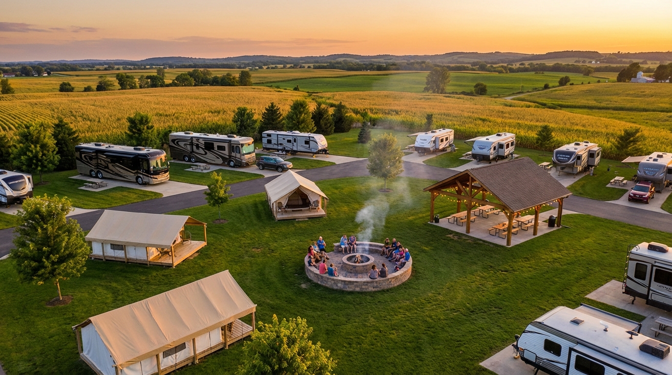 Aerial view of a luxury RV resort and glamping site at sunset, featuring a group of people gathered around a large central fire pit surrounded by canvas tents, parked motorhomes, a covered pavilion, and rolling golden cornfields.