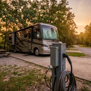 Large Class A motorhome parked at a wooded campsite during sunset with a close-up view of the electric and water utility hookup pedestal in the foreground near a wooden picnic table
