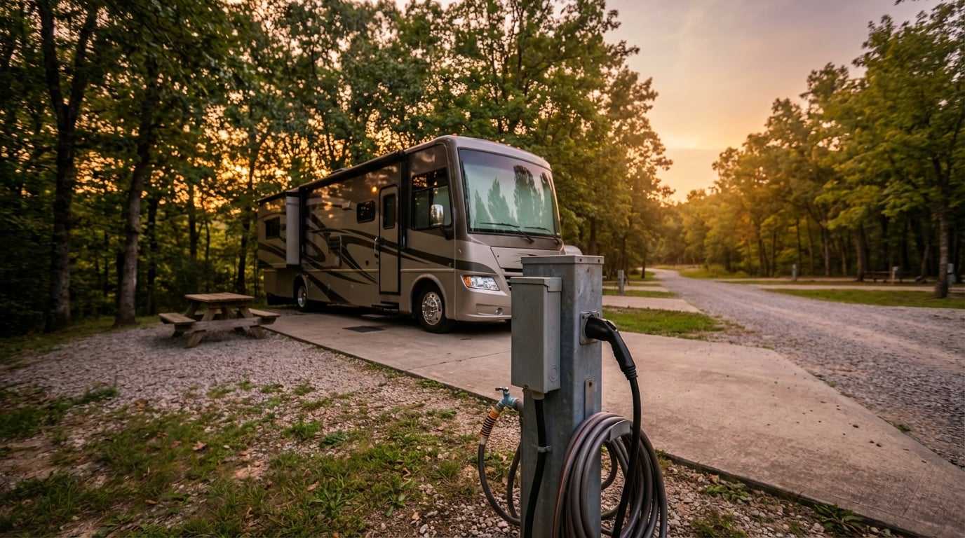 Large Class A motorhome parked at a wooded campsite during sunset with a close-up view of the electric and water utility hookup pedestal in the foreground near a wooden picnic table