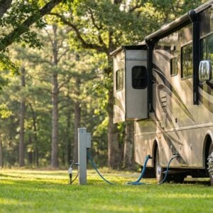 Beige Class A motorhome parked at a grassy campsite with a slide-out extended and connected to a utility pedestal with blue power and water hoses in a wooded area