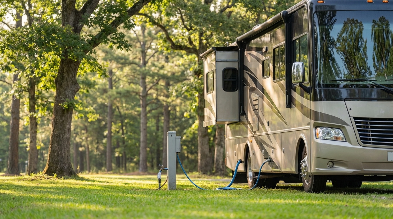 Beige Class A motorhome parked at a grassy campsite with a slide-out extended and connected to a utility pedestal with blue power and water hoses in a wooded area