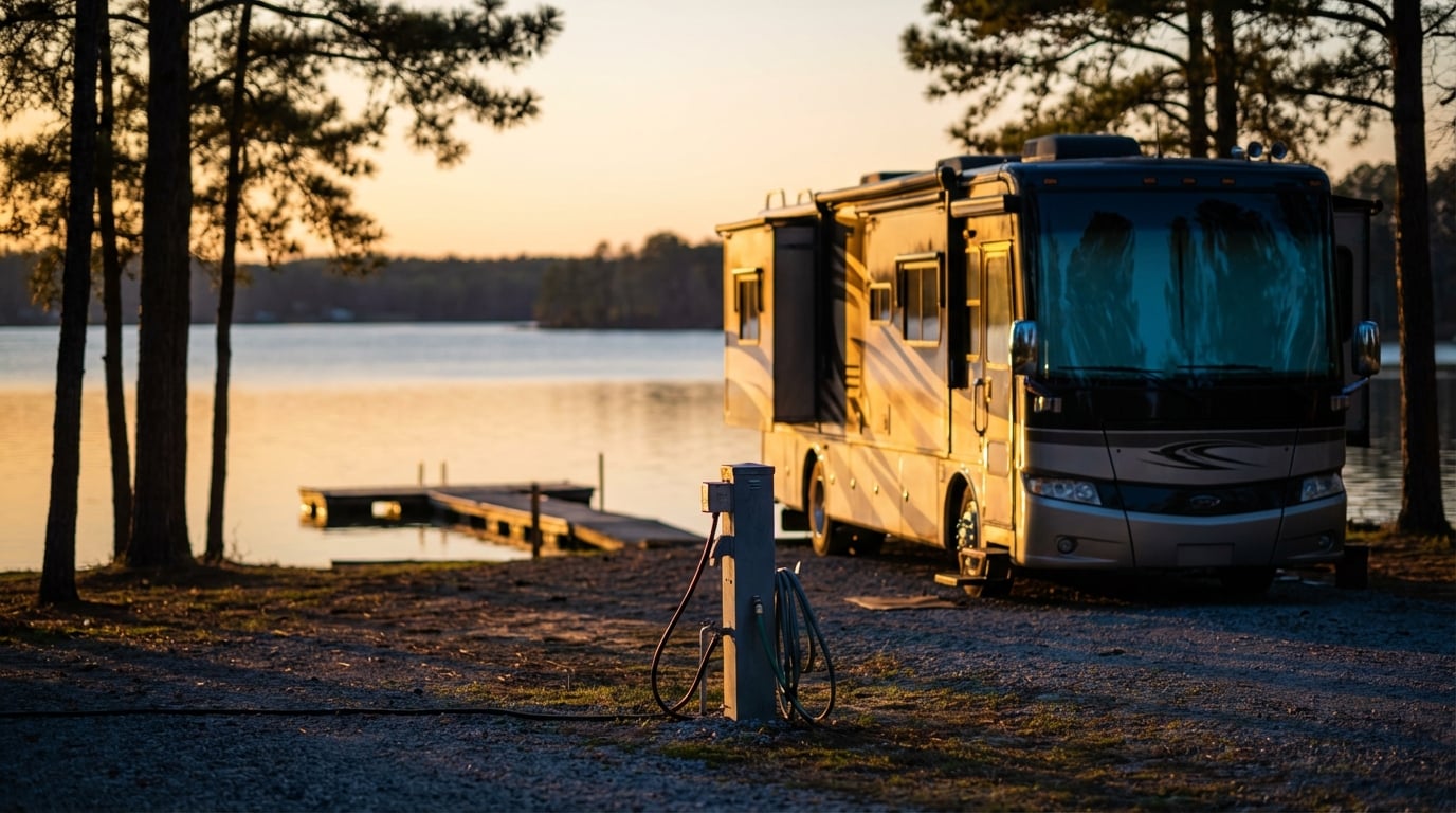 Luxury Class A motorhome parked at a scenic waterfront campsite with full hookups during sunset, featuring a wooden dock extending into the calm lake and pine trees framing the view