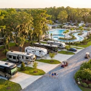 Aerial view of a luxury RV resort featuring paved campsites with large motorhomes and trailers, surrounded by oak trees draped in Spanish moss, with a winding swimming pool complex in the background and a family walking along a gravel road near golf carts during sunset