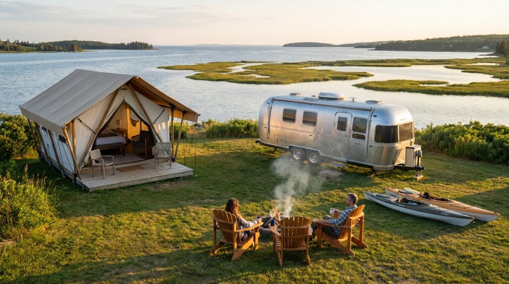 A couple relaxes in Adirondack chairs around a campfire on a grassy bluff, positioned between a luxury canvas glamping tent and a silver Airstream travel trailer, with kayaks resting nearby overlooking a scenic coastal bay at sunset