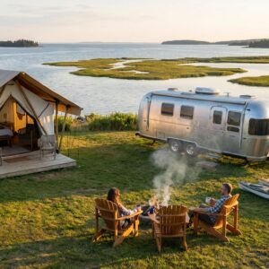 A couple relaxes in Adirondack chairs around a campfire on a grassy bluff, positioned between a luxury canvas glamping tent and a silver Airstream travel trailer, with kayaks resting nearby overlooking a scenic coastal bay at sunset
