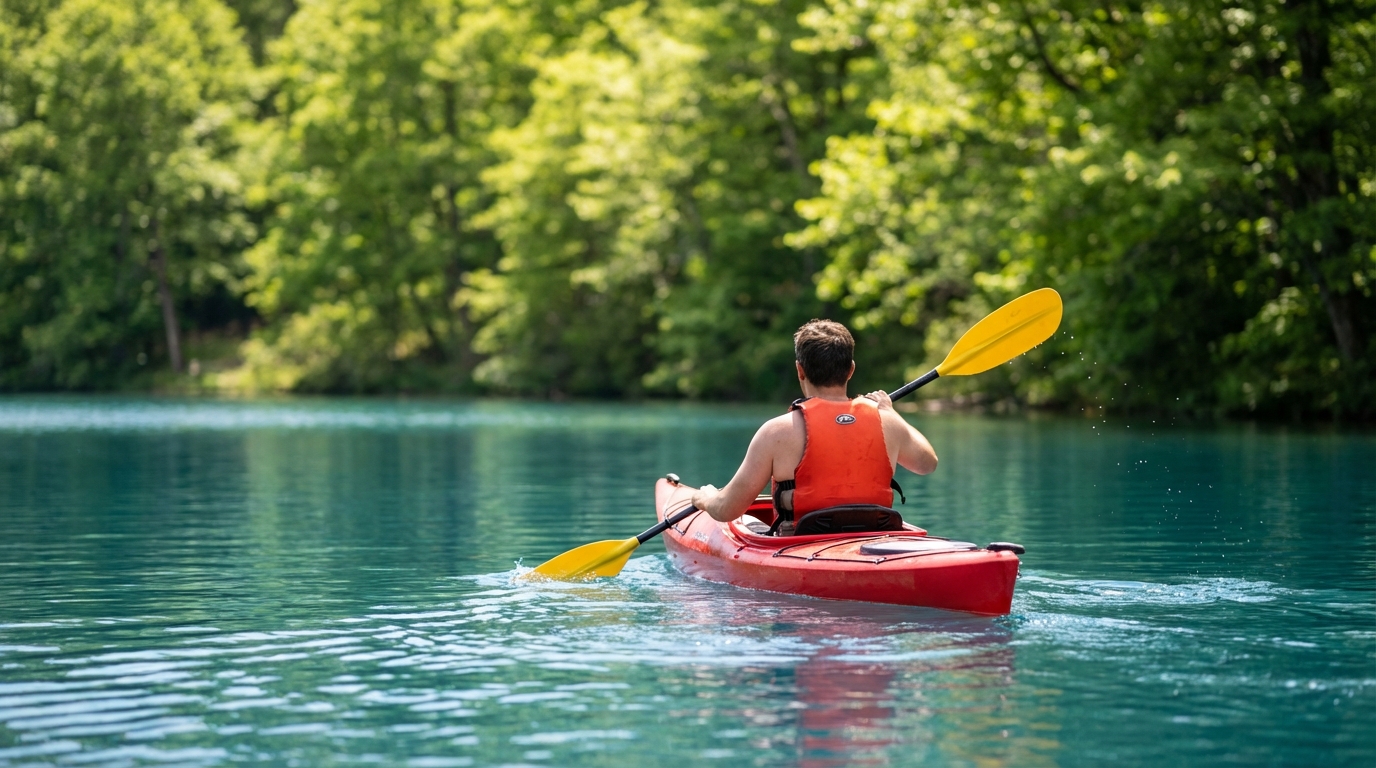 Rear view of a man wearing an orange life vest paddling a red kayak with a yellow paddle across a calm, turquoise lake lined with lush green trees.