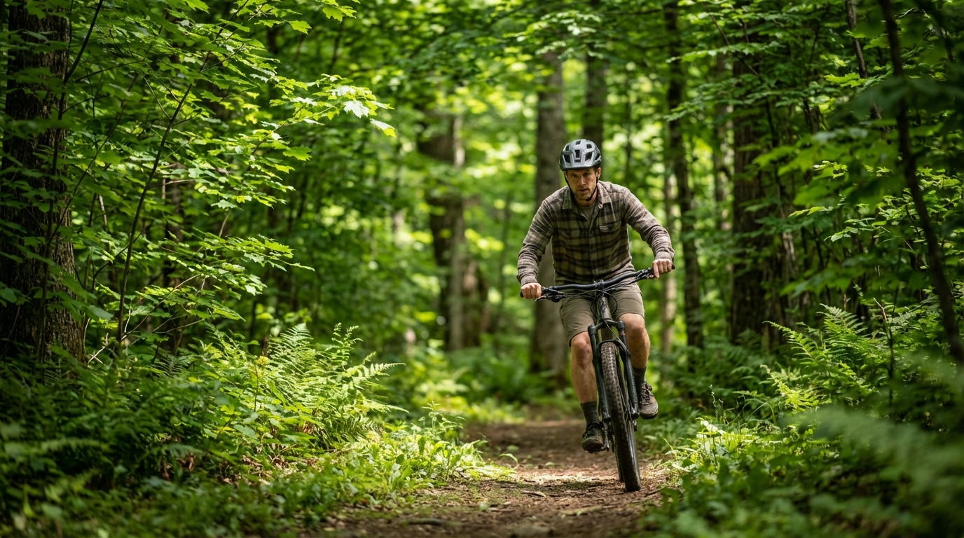 Man wearing a helmet and plaid shirt riding a mountain bike along a dirt trail in a dense, lush green forest