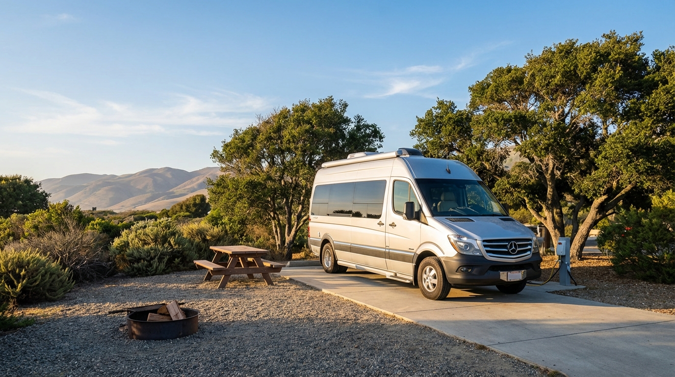 Silver Mercedes-Benz Sprinter camper van parked at a scenic campsite with electrical hookups, a wooden picnic table, and a fire ring, surrounded by green trees and rolling mountains under a blue sky.