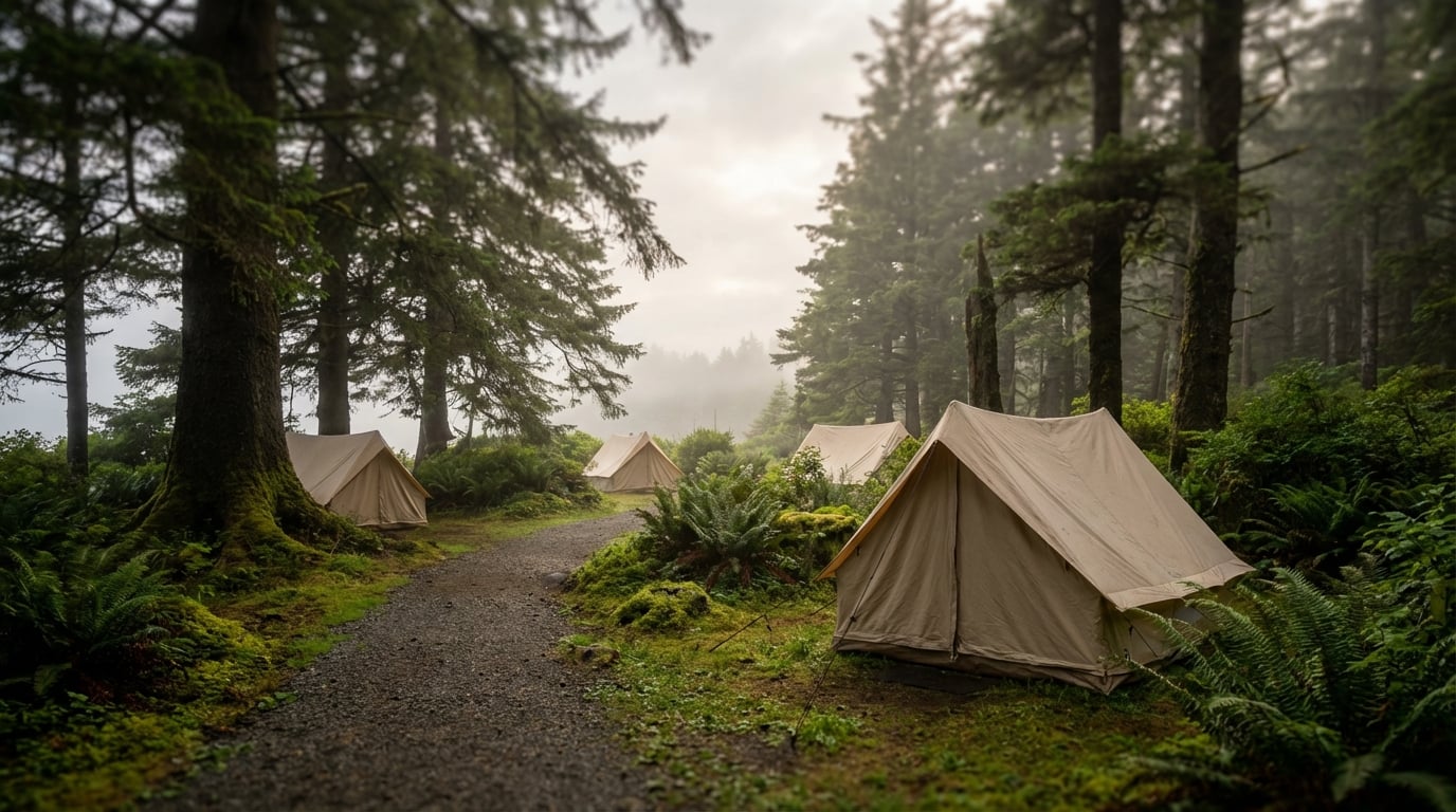 Several beige canvas tents pitched along a gravel path in a lush, mossy forest filled with ferns and tall evergreen trees under a foggy sky.