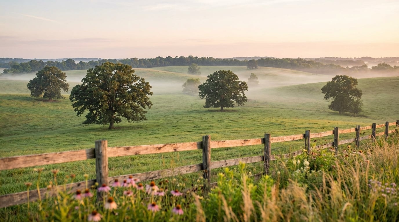 Scenic rural landscape featuring a wooden fence and wildflowers in the foreground overlooking rolling green pastures dotted with trees and low-lying morning mist at sunrise