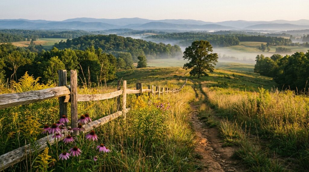 Scenic hiking trail lined with a rustic split-rail fence and blooming purple coneflowers and goldenrod, leading toward rolling green hills and misty blue mountains at sunrise