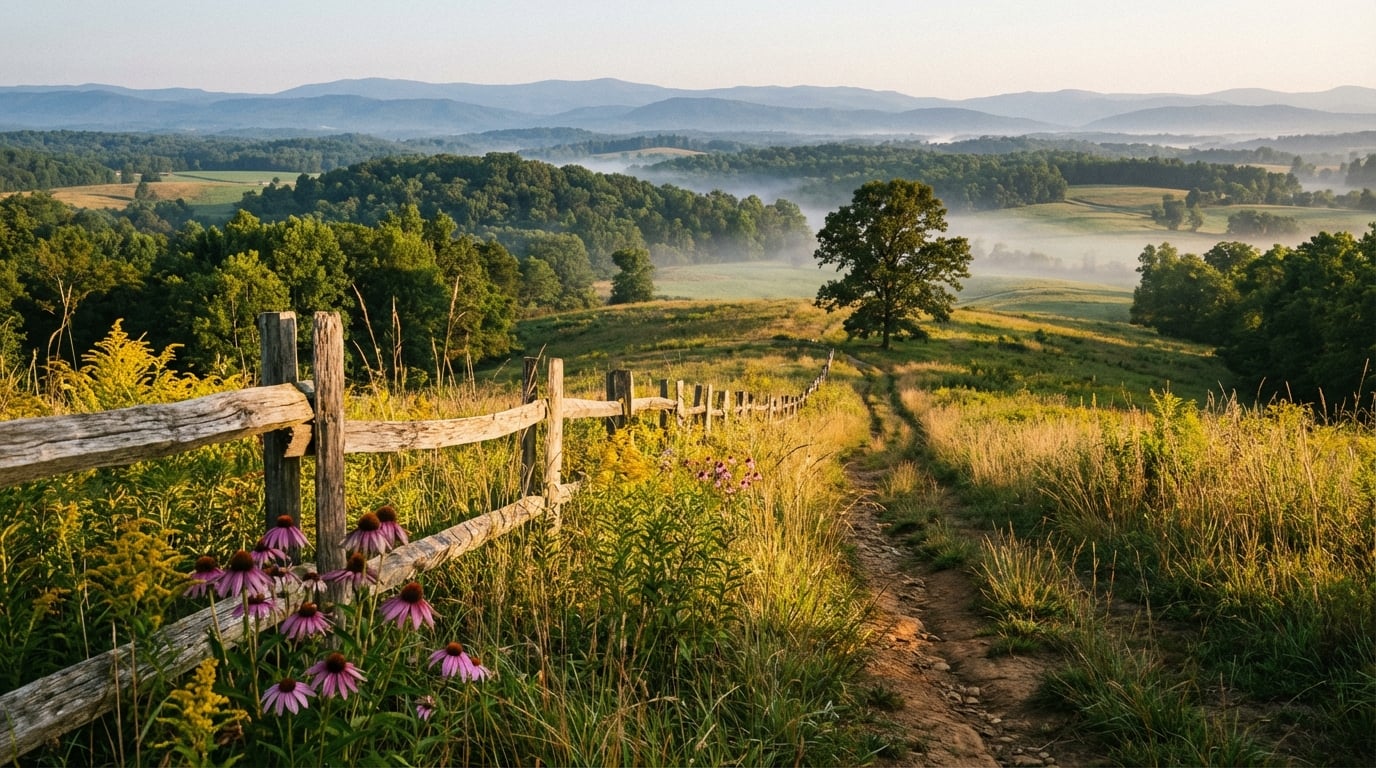 Scenic hiking trail lined with a rustic split-rail fence and blooming purple coneflowers and goldenrod, leading toward rolling green hills and misty blue mountains at sunrise
