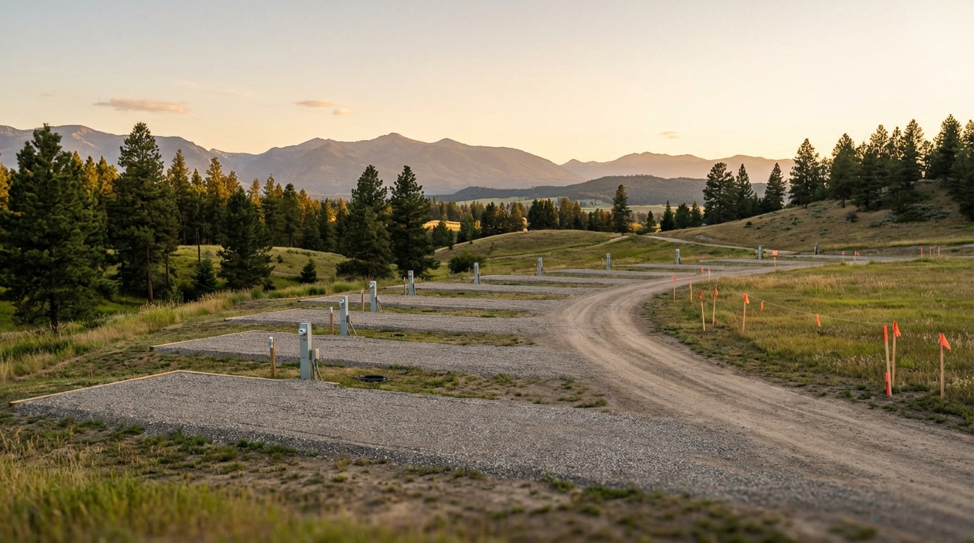 Rows of empty gravel RV pads with utility pedestals and orange construction flags lining a dirt road, set against a backdrop of pine forests and mountains during sunset.