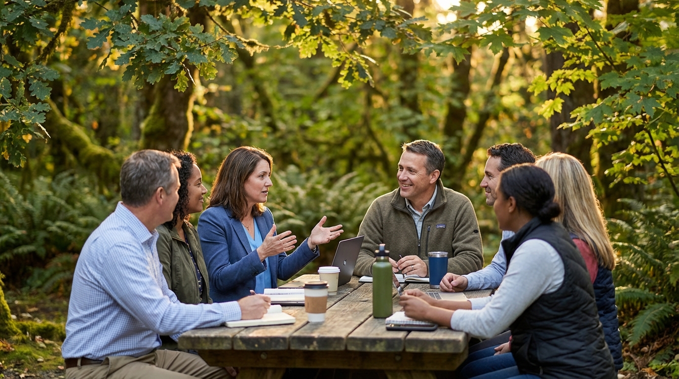 Group of seven professionals sitting around a wooden picnic table in a sunlit forest for an outdoor business meeting, with a woman in a blue blazer gesturing while speaking to smiling colleagues surrounded by laptops, coffee cups, and greenery