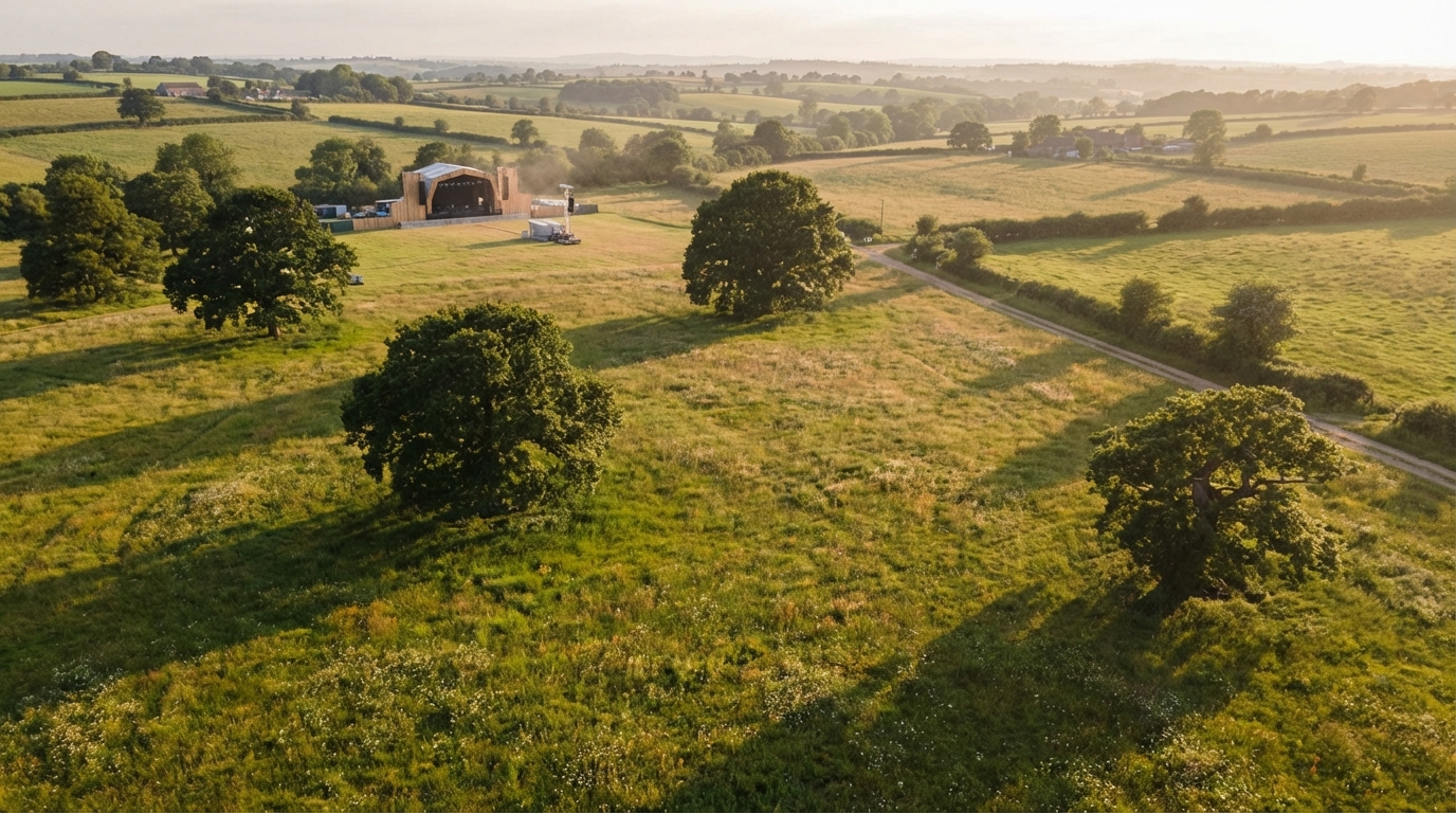Aerial view of a wooden music festival stage situated in rolling green countryside fields during golden hour, surrounded by large oak trees and hedgerows with a hazy landscape in the distance