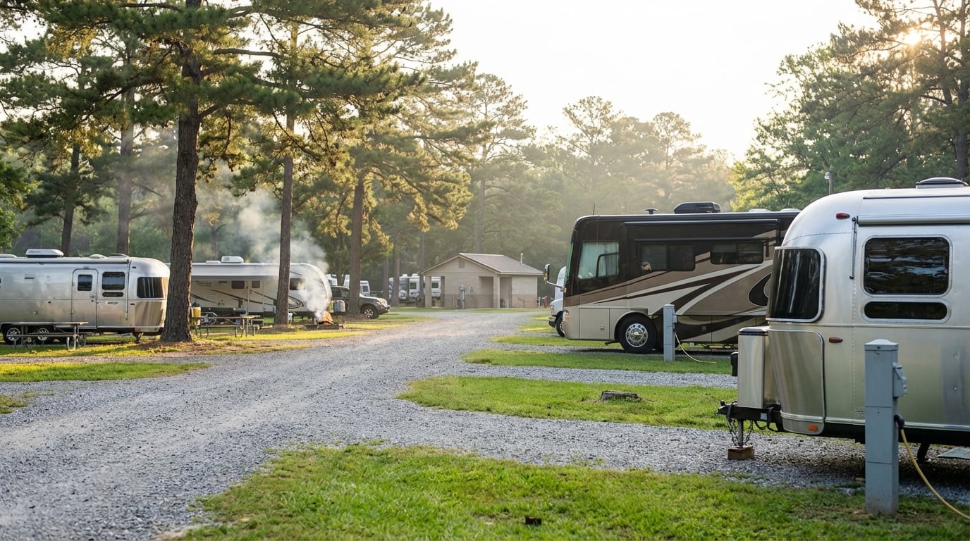 Gravel road running through a wooded RV campground with tall pine trees, featuring a silver Airstream trailer and large brown motorhome parked on the right and campfire smoke rising near campers on the left under morning sunlight.