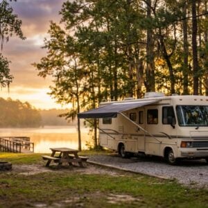 Beige Class A motorhome parked at a wooded campsite with a picnic table and fire ring, featuring Spanish moss hanging from pine trees and a wooden dock extending into a misty lake during a golden sunset.