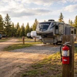 Red fire extinguisher mounted on a wooden post in the foreground of a sunny RV campground with camper trailers and pine trees in the background