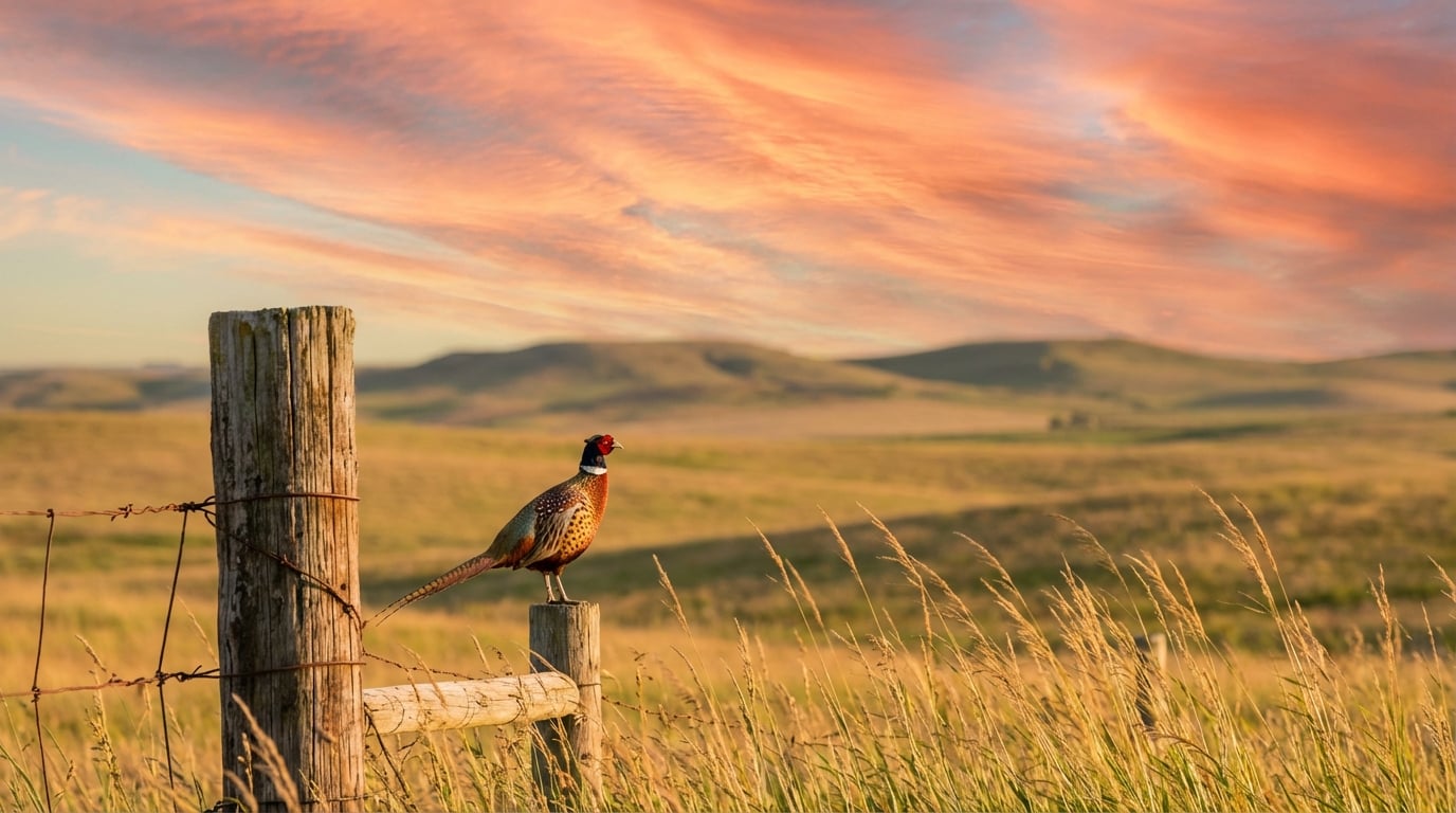 Male Ring-necked Pheasant perched atop a wooden fence post overlooking rolling grassy hills under a vibrant pink and orange sunset sky