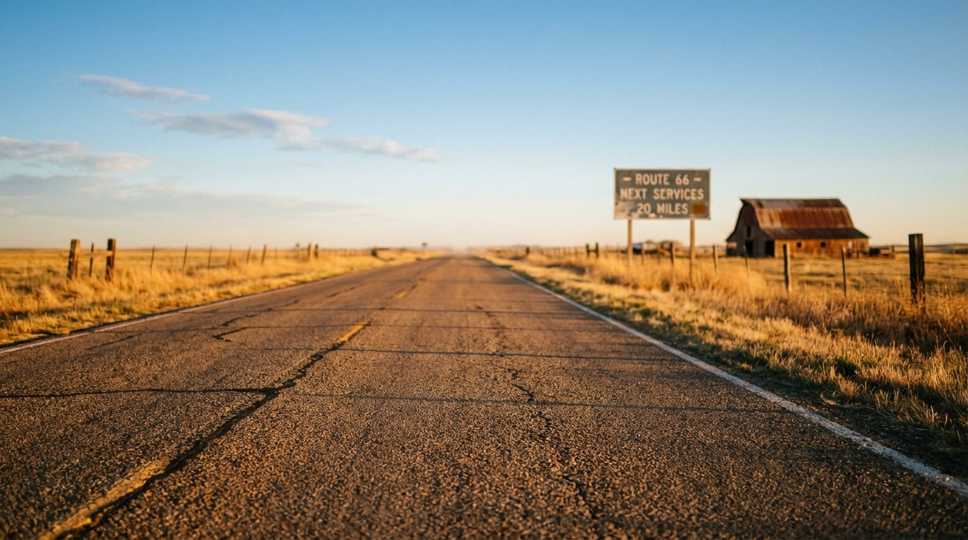 Low-angle view of a cracked, weathered asphalt road stretching straight toward the horizon through dry fields, featuring a sign that reads Route 66 Next Services 20 Miles next to a rustic barn under a blue sky