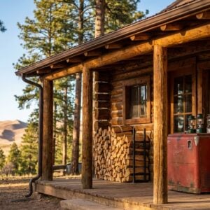 Rustic log cabin porch stocked with stacked firewood, a vintage red cooler, and camping gear, overlooking a pine forest with illuminated sand dunes in the background