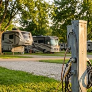 Close-up of a metal electrical hookup pedestal with power cables plugged in at an RV park, with a fifth-wheel trailer and motorhome parked on gravel pads in the sunny background