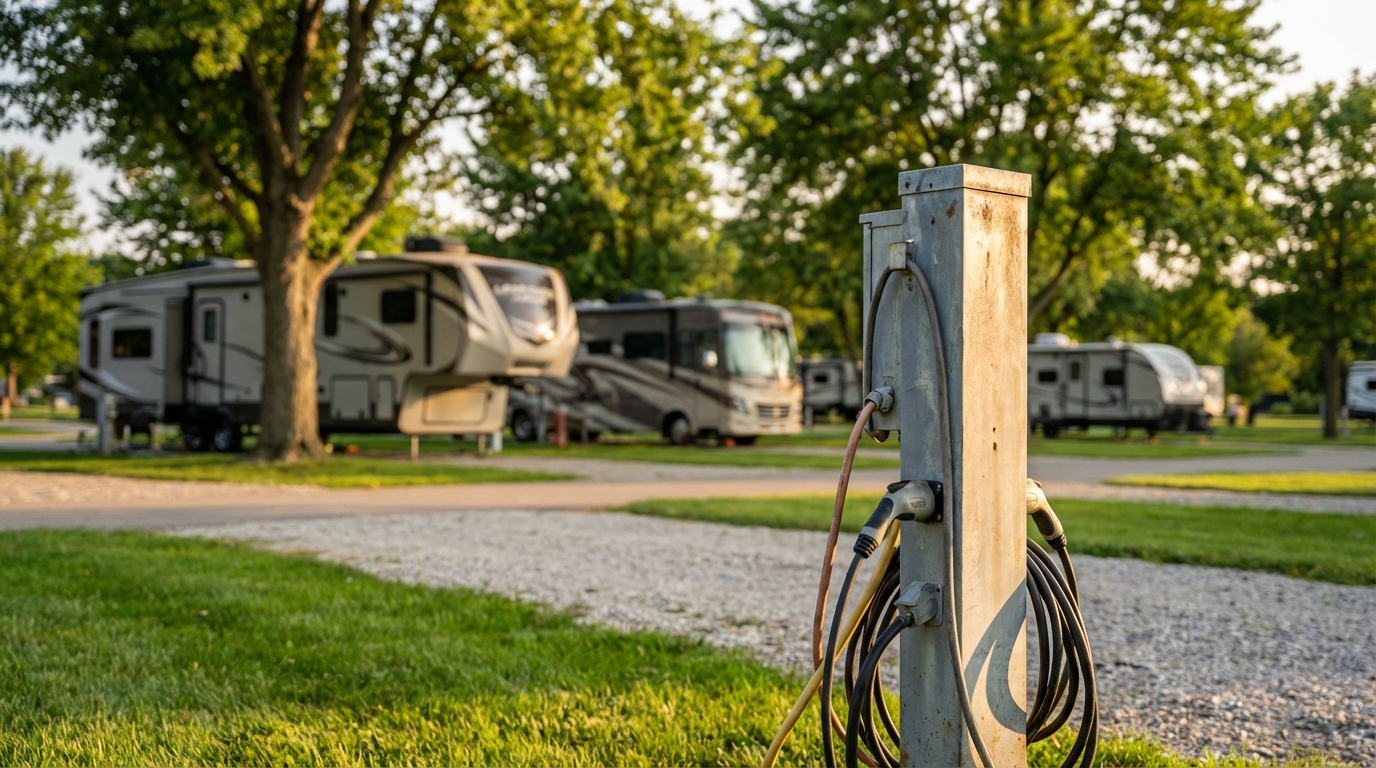 Close-up of a metal electrical hookup pedestal with power cables plugged in at an RV park, with a fifth-wheel trailer and motorhome parked on gravel pads in the sunny background