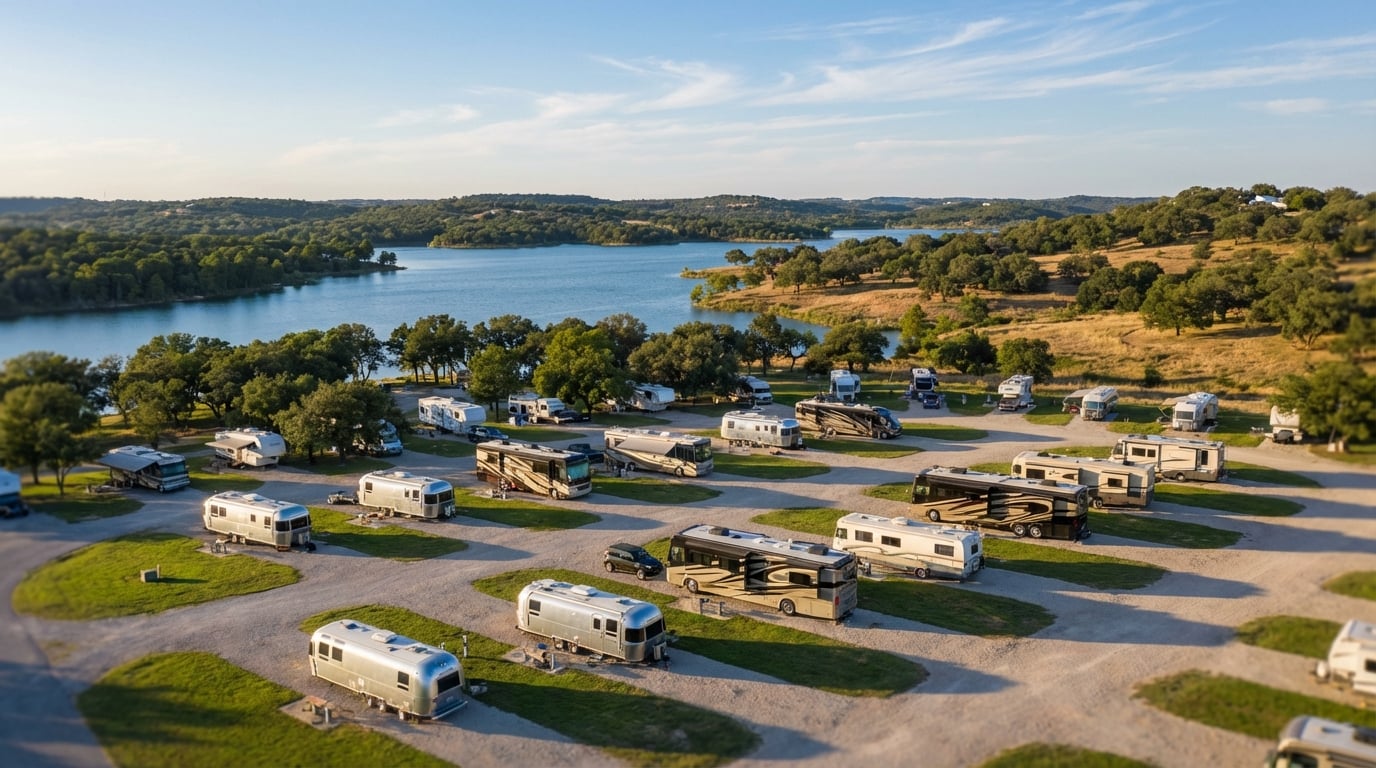 Aerial view of a sprawling lakeside RV park and campground filled with motorhomes and silver Airstream trailers, featuring winding gravel roads and green spaces along the water's edge with rolling wooded hills in the background