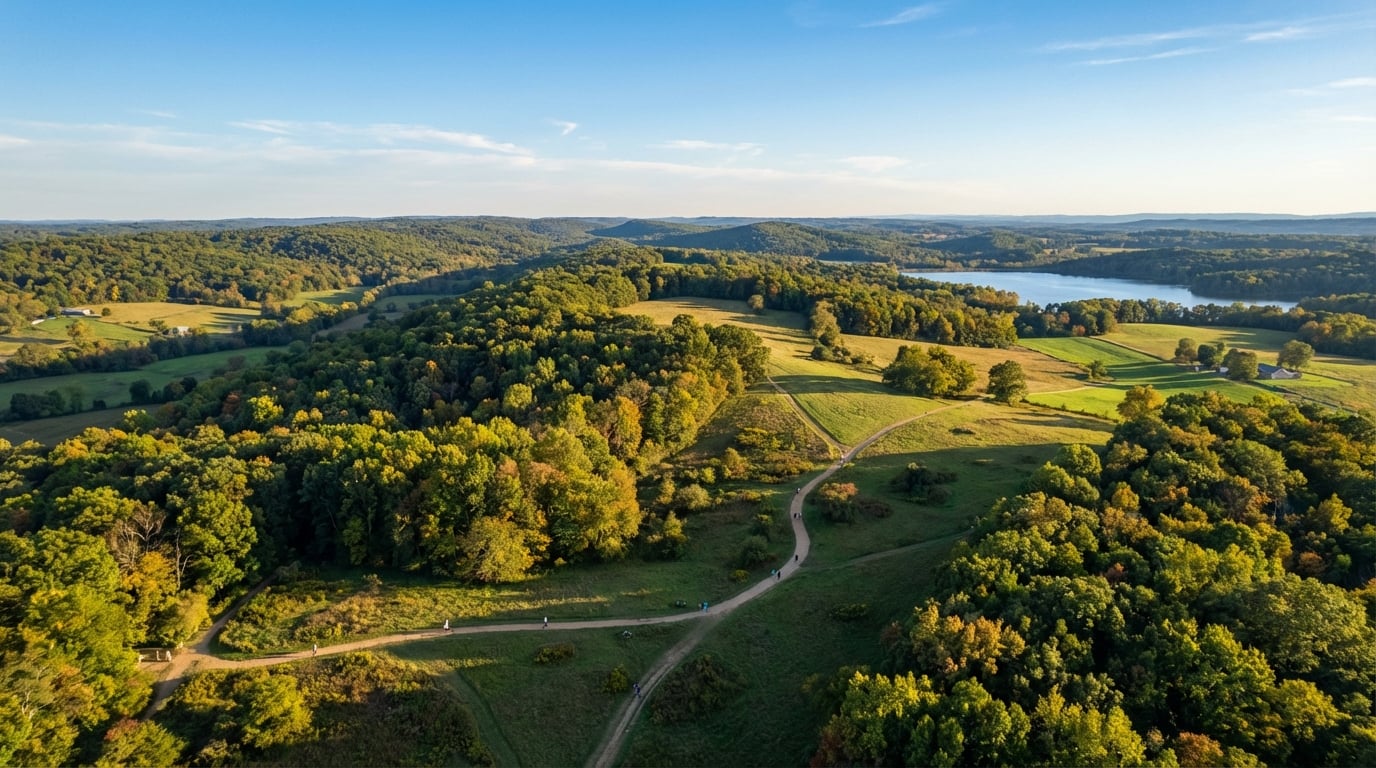 Aerial view of rolling hills and dense forests with early autumn foliage, featuring winding hiking trails with people walking and a blue lake in the background under a sunny sky