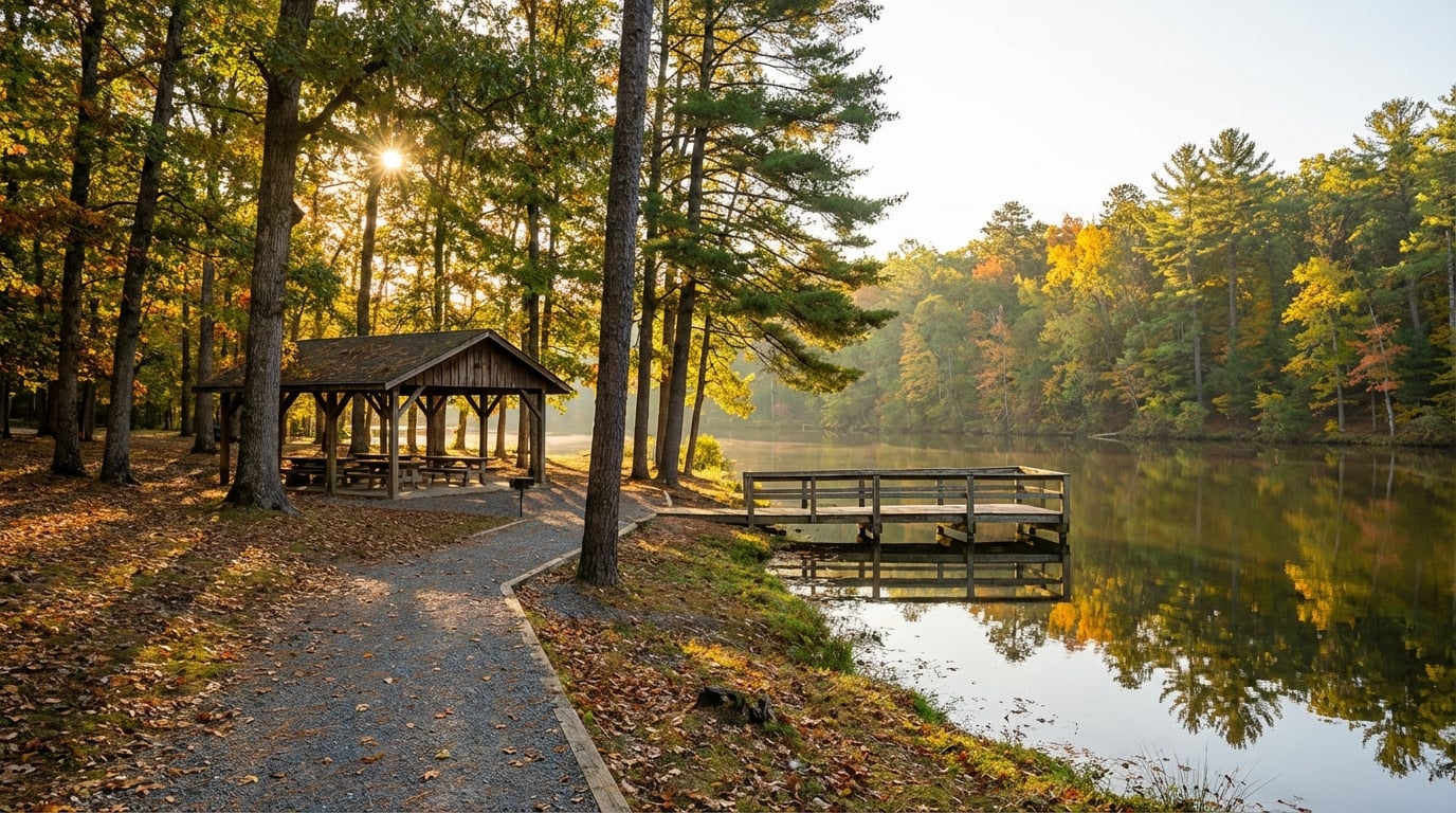 Gravel path leading past a wooden picnic shelter toward a dock on a calm lake surrounded by colorful autumn forest foliage with a sunburst peaking through the trees