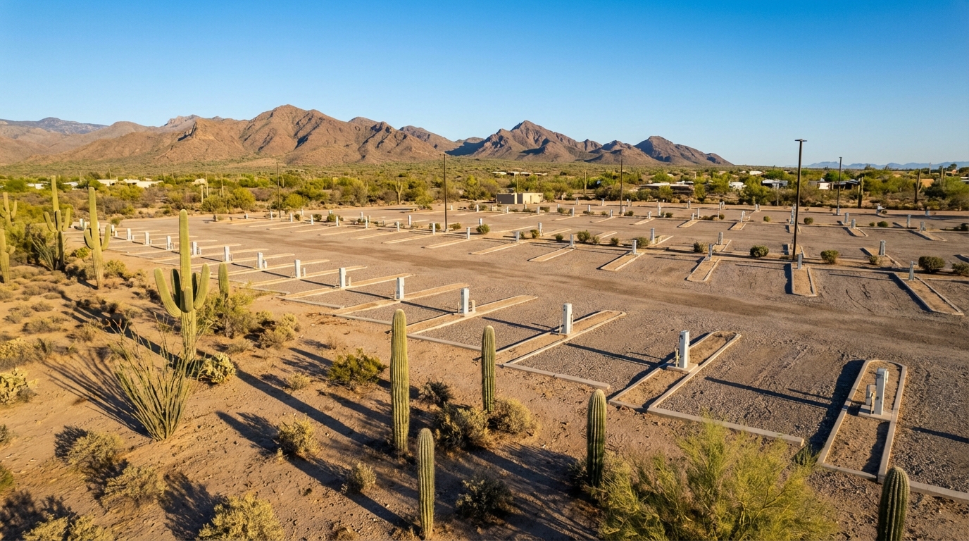 Empty desert RV park featuring gravel sites with concrete utility hookups surrounded by saguaro cacti and low shrubs with a rugged mountain range in the background under a clear blue sky