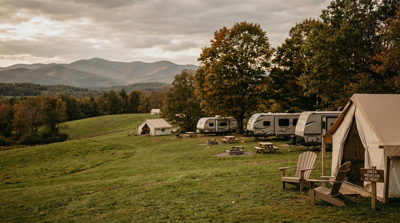 Canvas glamping tents and travel trailers lined up on a grassy hill at Green Mountain Retreat, with wooden Adirondack chairs and picnic tables overlooking a scenic mountain valley during autumn