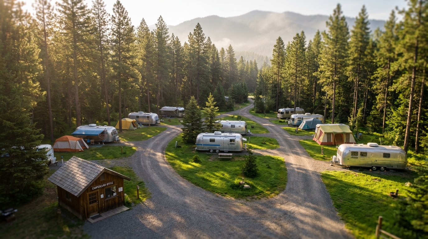 Scenic aerial view of a forest campground featuring vintage-style silver travel trailers and colorful tents nestled among tall pine trees and gravel roads, with a small wooden office cabin in the foreground and misty mountains in the background.
