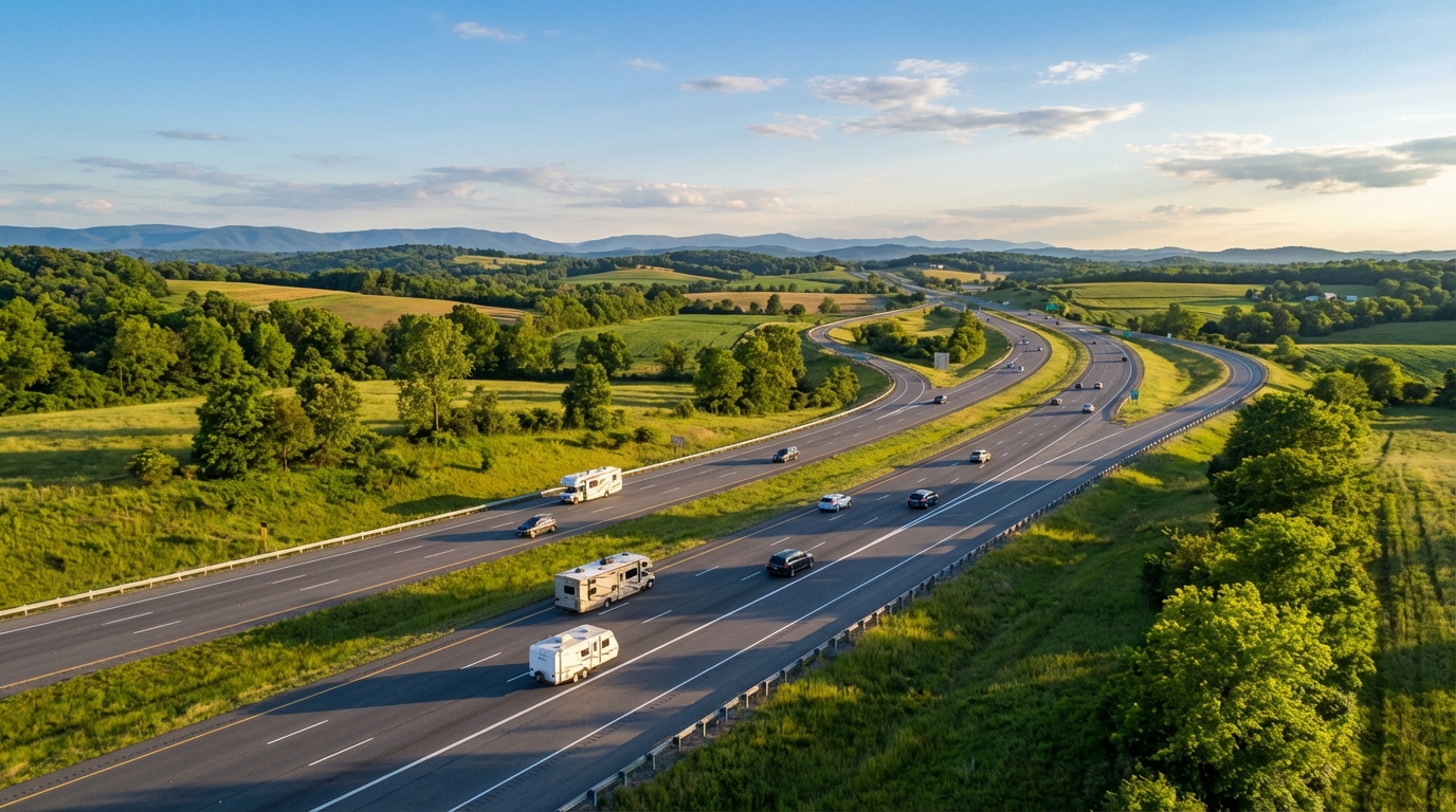 Aerial view of cars and RVs traveling on a winding interstate highway surrounded by lush green rolling hills and farmland with blue mountains in the background under a sunny sky