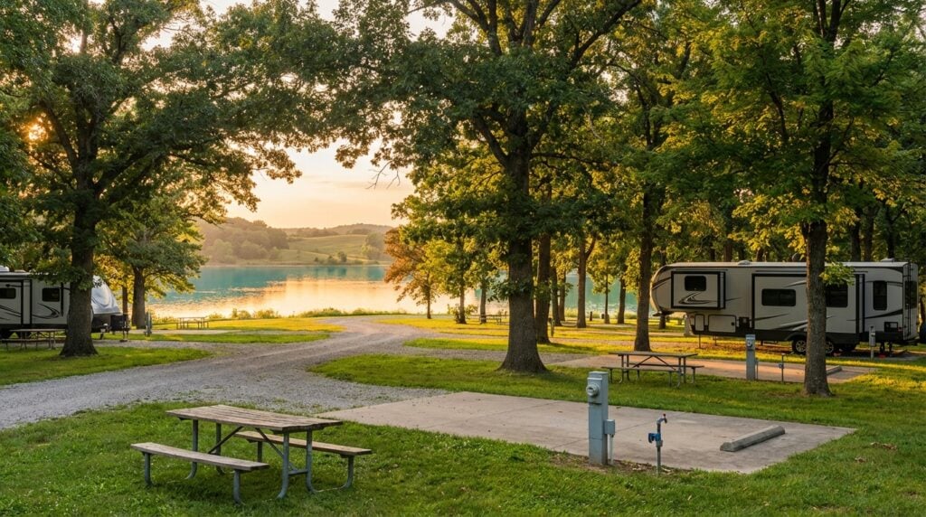 Scenic lakeside campground featuring RVs parked under large shade trees with wooden picnic tables, concrete pads, and utility hookups overlooking calm water at sunset
