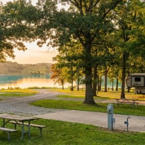 Scenic lakeside campground featuring RVs parked under large shade trees with wooden picnic tables, concrete pads, and utility hookups overlooking calm water at sunset